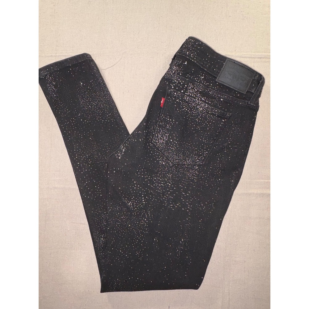 Levis 535 Super Skinny Jeans Womens 30 Black Silver Metallic Splatter Denim